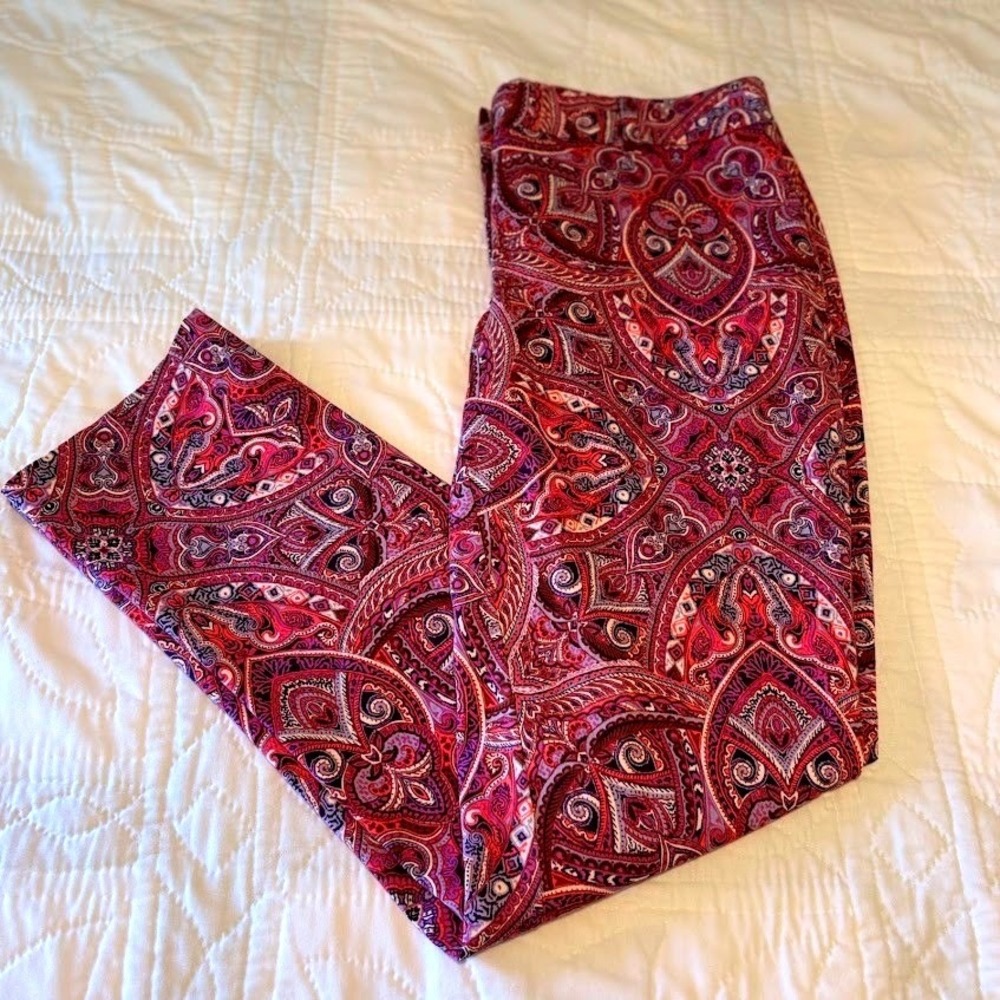 Lands End Paisley Pants Womens‎ 12 Pink Purple Slim Leg Boho Classic Chic Trendy